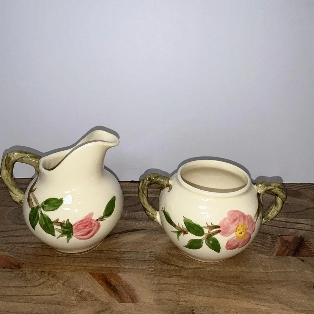 Franciscan Desert Rose Sugar Bowl & Creamer NO Lid Set Pink Rose USA Pottery Vtg